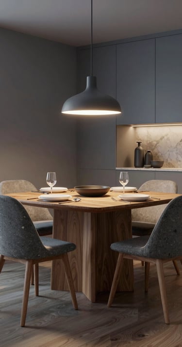 A stunning 3D visualization of a modern dining area. Warm ambient lighting, Northern European furniture, photorealistic textures of wood and stone, soft grey-blue color palette.
