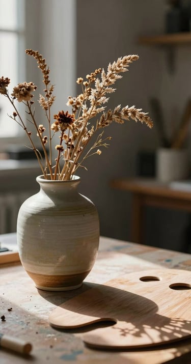 Close-up of a ceramic vase holding dried wildflowers next to a wooden artist's palette, with natural morning light creating soft shadows in a contemporary North American studio.
