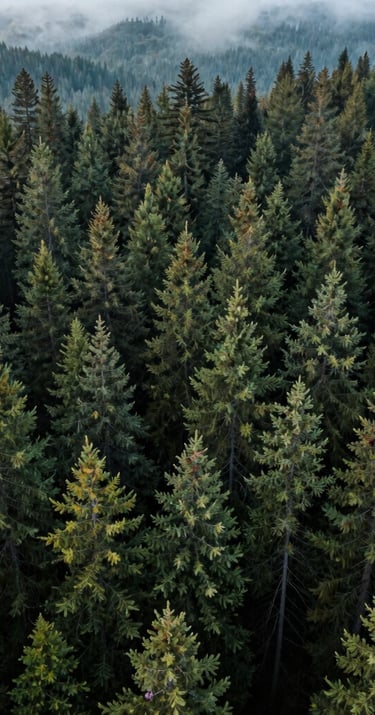 An aerial perspective of a dense pine forest in the North American / US Pacific Northwest, misty teal gray atmosphere, serene and vast composition, sophisticated nature photography.