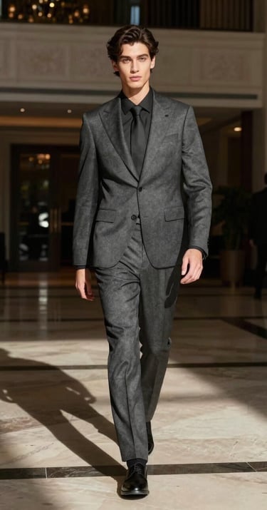A luxury fashion model in a charcoal gray suit walking through a grand North American / US hotel lobby, dramatic side lighting creating deep obsidian black shadows, sophisticated artistic atmosphere.