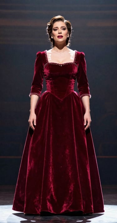 A professional production photo of a mezzo-soprano performer on stage in a North American theater, wearing a deep red velvet period gown, captured in a dramatic spotlight.