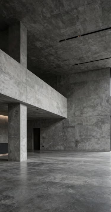 Interior view of a minimalist concrete lobby with high ceilings and industrial lighting, emphasizing sharp lines and the #2F2E2E dark palette, elegant and professional mood.