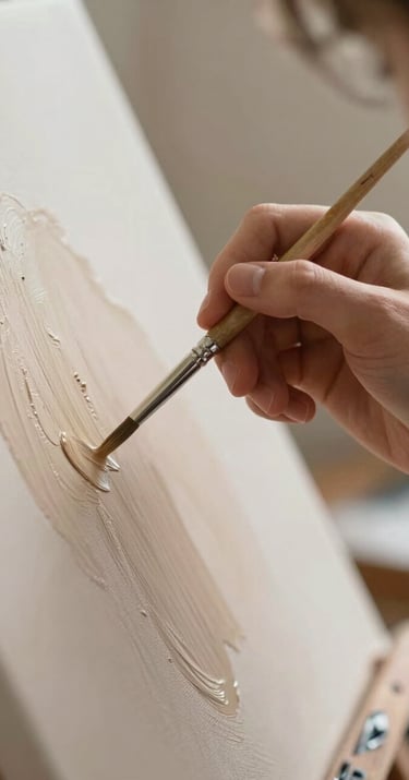 Detailed close-up of a young person's hand holding a fine paintbrush, applying a delicate stroke of beige oil paint to a canvas, soft natural light.