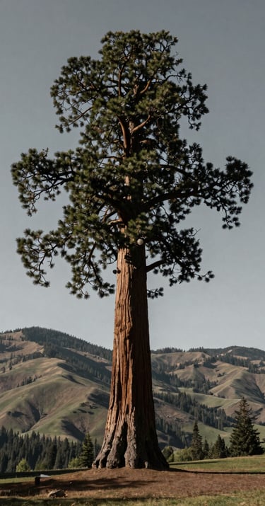 High-altitude shot of a sequoia tree standing like a sentinel above a park in the North American Pacific Northwest. The background shows Eugene's rolling hills under a slate gray sky. Serene and majestic mood.