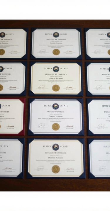 A collection of certificates and accolades arranged neatly on a dark wooden surface. The mood is one of established authority and long-term career success, featuring brand colors.