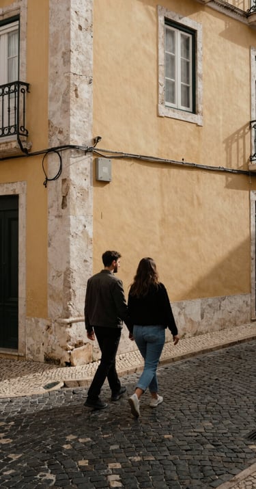 Spontaneous photography of a couple walking through a narrow cobblestone street in Alfama, Lisbon, European / Portuguese architecture, warm sand-colored walls, charcoal shadows.