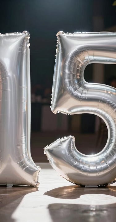 Artistic shot of a 15th birthday celebration, dynamic lighting with shadows, elegant white and silver details, cinematic South American party scene.