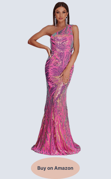 Giffniseti Women's One Shoulder Holographic Sequin Dresses Evening Gown