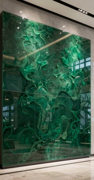 A sleek, modern corporate lobby in an International / Global business district featuring a large, glossy Deep Green resin wall sculpture that reflects soft ambient light.
