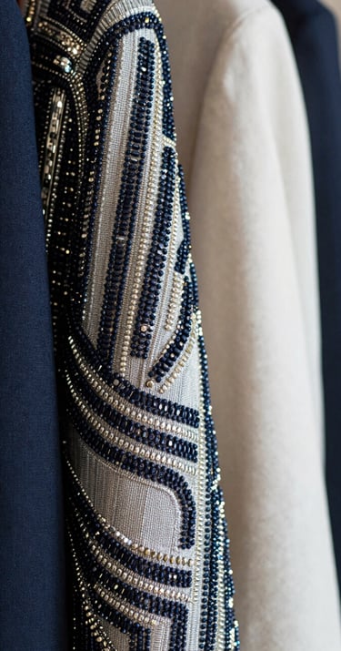 A close-up photograph of high-fashion garment textures, featuring intricate beadwork and metallic fabrics reflecting soft light, in shades of navy and off-white, North American / US setting.