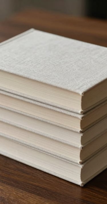 A stack of minimalist linen-bound books on a deep brown wooden table, soft morning light, sophisticated and quiet atmosphere, International / Western.