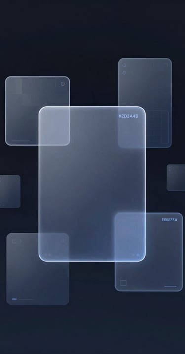 A conceptual spatial AR interface overlay against a dark studio background, featuring transparent UI cards and delicate wireframes. The visual tone is sophisticated and cutting-edge, utilizing #2D3A4B and #E6EFF5.