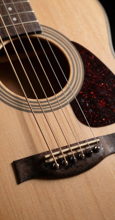 Acoustic guitar strings in sharp focus, warm muted clay lighting, professional artistic photography highlighting texture and craftsmanship.