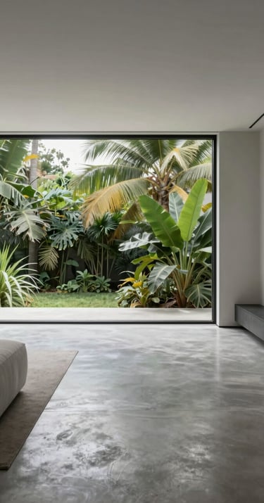 Minimalist interior of a modern apartment, light silver polished concrete floors, minimalist furniture, large window showing lush tropical greenery, soft natural lighting.