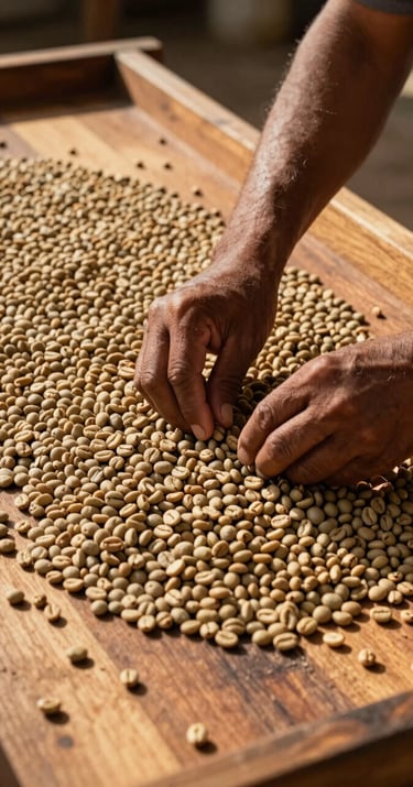 A South American / Latin farmer sorting dried coffee beans on a large wooden tray. Warm afternoon sunlight, high contrast, focused on the texture of the beans and the wooden grain. Authentic craftsmanship.
