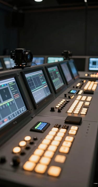 Interior shot of a high-tech film production control room. Glowing buttons and screens illuminate the professional equipment, emphasizing innovation and technical expertise.