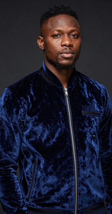 A striking portrait of P.E.P YLS wearing a custom #3D2C20 velvet jacket with subtle Nigerian embroidery, standing against a dark #0A0A0A backdrop, moody lighting.