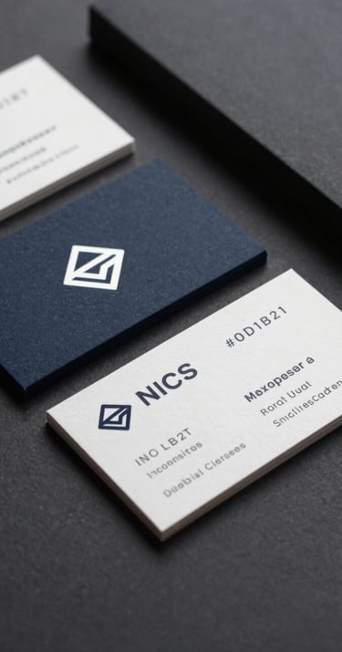 A close-up of high-quality brand materials, including a business card and a minimalist logo, laid out on a dark #0D1B2A surface. The style is sharp and sophisticated, showcasing refined professionalism.