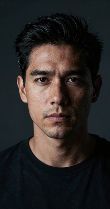 A dramatic portrait of a male actor in a dark studio setting, lit with high-contrast soft white light on one side of his face. Cinematic style, South American / Colombian artist.