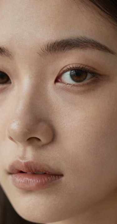 A close-up portrait focusing on expressive eyes and soft lighting, warm taupe and muted brown tones, shot in a North American / European creative studio.