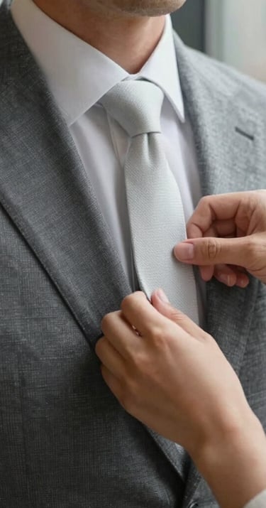 Lifestyle photography showing hands adjusting an elegant garment against a blurred urban background. Sophisticated and calm aesthetic in gray and white tones. International / Professional.