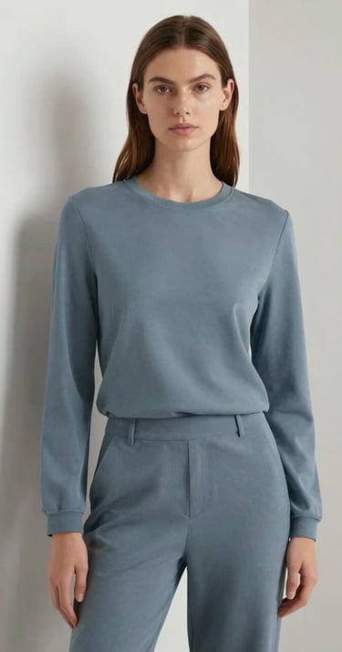 A stylish fashion model posing against a minimalist Scandinavian backdrop, clean lines, wearing contemporary outfit, natural textures, soft shadows, incorporating shades of #74A8AE.