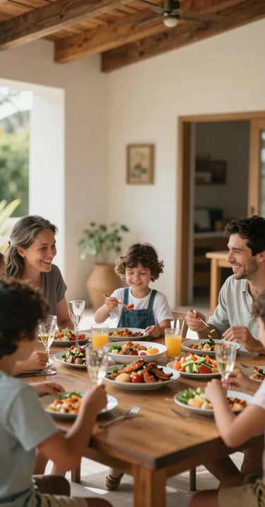 A family enjoying a meal together in an open-plan dining room, candid and joyful, with architectural details visible in the background.