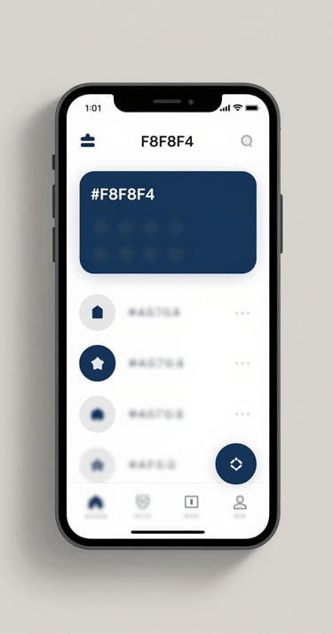 A clean, modern smartphone mockup displaying a sleek brand app interface. Strategic and professional design, using #F8F8F4 for the screen and #4A5763 for UI elements. Soft, neutral lighting.