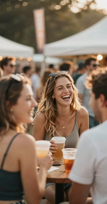 Candid shot of people laughing at a summer festival, warm golden hour lighting, cinematic atmosphere, incorporating #8C847E and #F2F1ED colors.