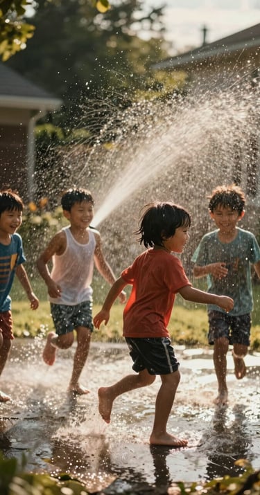 Children running through sprinklers in a North American backyard. Candid action shot, water droplets caught in golden light, cinematic lifestyle style.