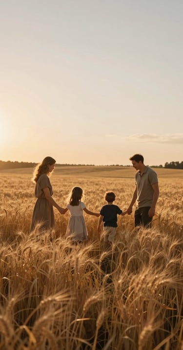 Wide shot of a family playing in a golden wheat field in the North American countryside during sunset. The lighting is cinematic and sun-drenched with warm earthy browns and soft sand hues.