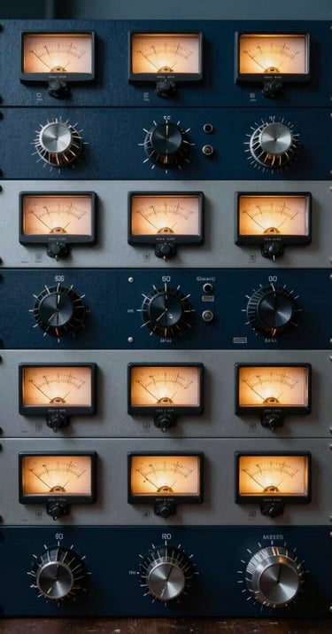 A vertical rack of analog compressors and pre-amplifiers with glowing VU meters. The lighting is technical and precise. Palette includes dark navy and muted blue. Southern European / Spanish studio gear.