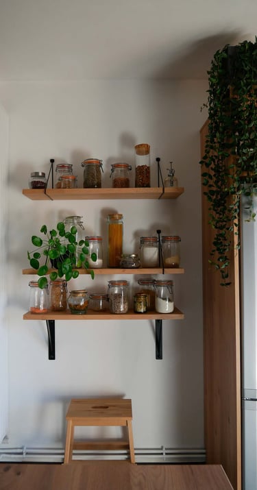 Cuisine rénovée étagères vrac bocaux