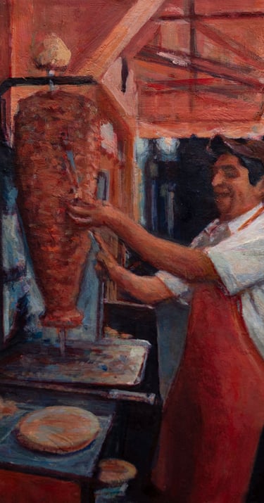 Pintura al óleo de un taquero con mandil sirviendo un taco al pastor frente a un trompo al pastor