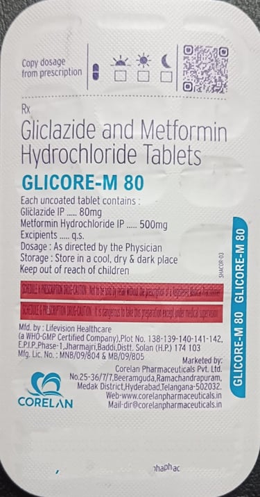 Glicore-M 80 blister pack containing Gliclazide and Metformin Hydrochloride tablets for diabetes treatment.