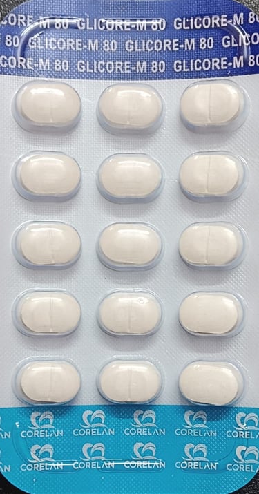 Blister pack of fifteen white oval Glicore-M 80 tablets used for diabetes treatment.
