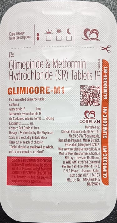 Glimicore-M1 blister pack containing Glimepiride and Metformin Hydrochloride SR tablets for diabetes.