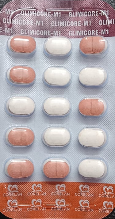 Blister pack of Glimicore M1 tablets with white and pink medicine pills by Corelan.
