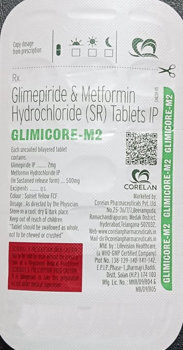 Glimicore-M2 medication blister pack for Glimepiride and Metformin Hydrochloride SR tablets.