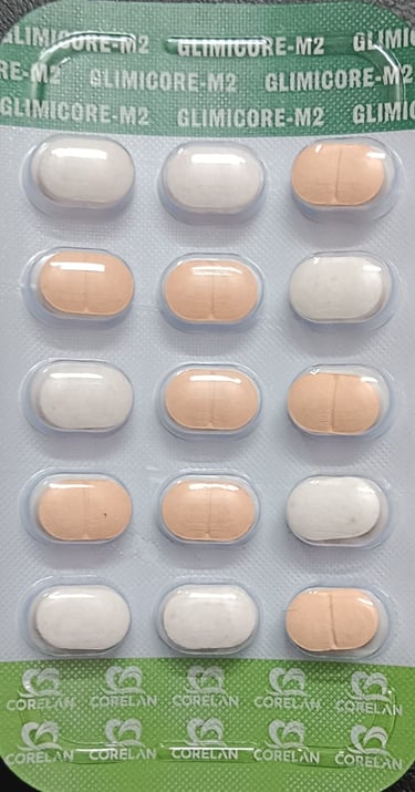 Blister pack of Glimicore-M2 tablets showing alternating white and peach-colored oval pills.