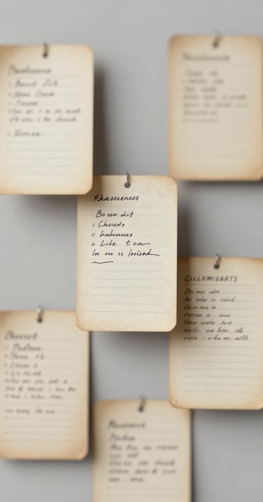 An artistic arrangement of vintage library catalog cards, some with handwritten notes in ink, creating a sense of scholarly history and discovery, #F8F6F4 background.