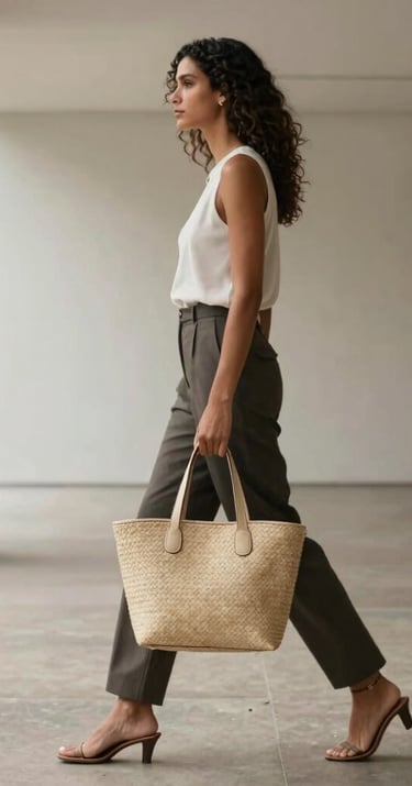 Sophisticated lifestyle photography of a Brazilian woman holding a minimalist woven beige bag, walking through an architectural gallery with clean lines and generous light. High-end editorial aesthetic.