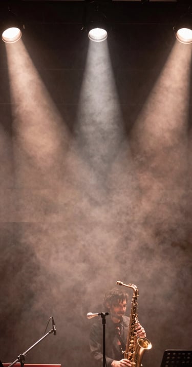 Atmospheric upward shot of stage lights through light haze, muted rosy brown and warm stone grey flares, professional photography in a North American / US jazz club.