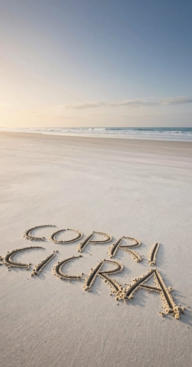 A wide cinematic landscape of a beach at dawn, soft sand off-white ground, a large-scale sand poem written in elegant script.