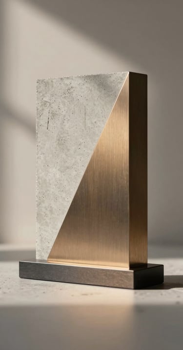 Close-up of a minimalist architectural award, textured concrete and brushed metal, warm morning light, soft shadows #F9F7F2 #333333 #7C4E3A