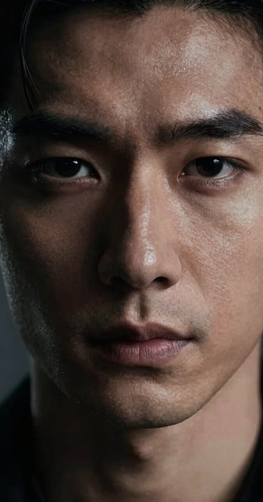 Close-up cinematic shot of a male model's face in deep shadow, heavy contrast lighting, moody atmosphere with hints of Charcoal Grey.