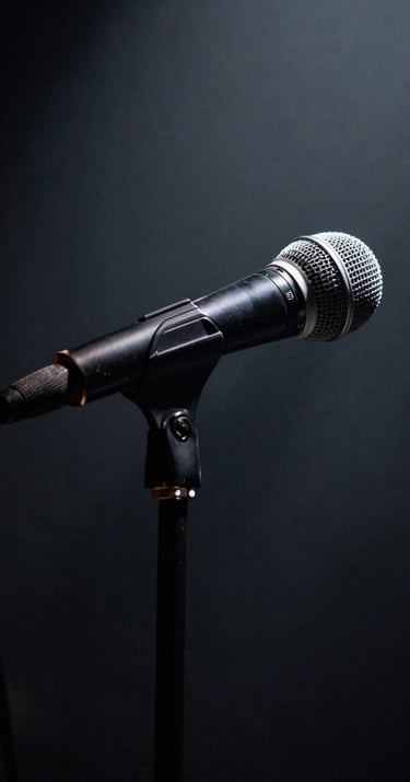 Close-up of a microphone stand bathed in a single beam of light gray light against a pitch-black background. Dark, minimalist concert photography style, captured at an intimate Western European / Dutch rock club.