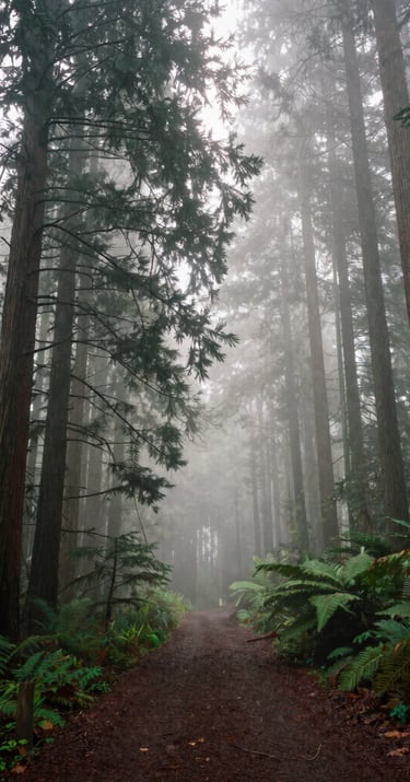 A atmospheric photograph of a foggy forest path in the Pacific Northwest, tall cedar and fir trees disappearing into the white mist, tranquil and immersive North American wilderness scene.