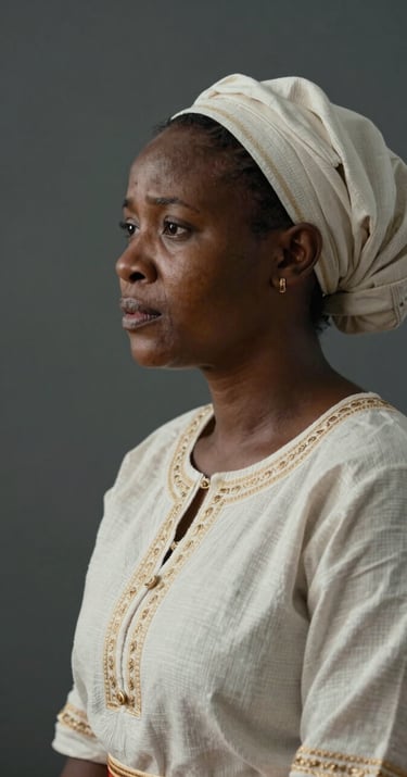 Still frame from a documentary showing an Angolana woman in traditional dress, emotional profile, cinematic lighting, with soft off-white and deep dark slate grey background.