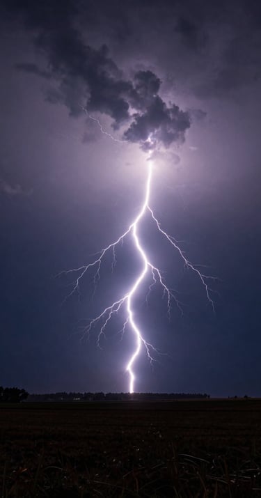 A powerful lightning strike illuminates a midnight navy sky over a quiet rural landscape, long exposure, sharp details, minimalistic horizon, International / Western.
